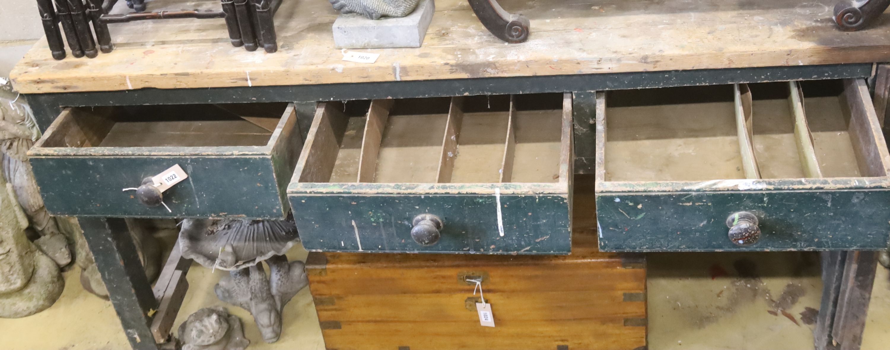 A Victorian pine three drawer serving table, length 185cm, depth 56cm, height 94cm